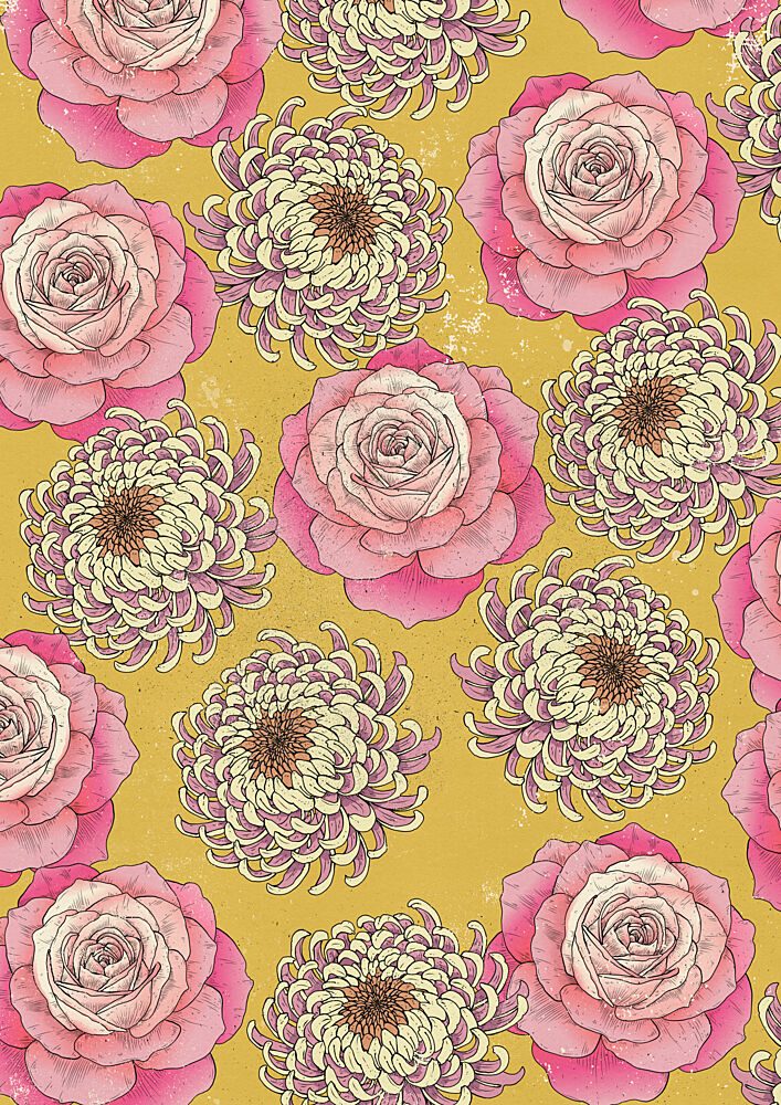 Pink Roses Chrysanthemum Pattern art print by Nicholas for $57.95 CAD