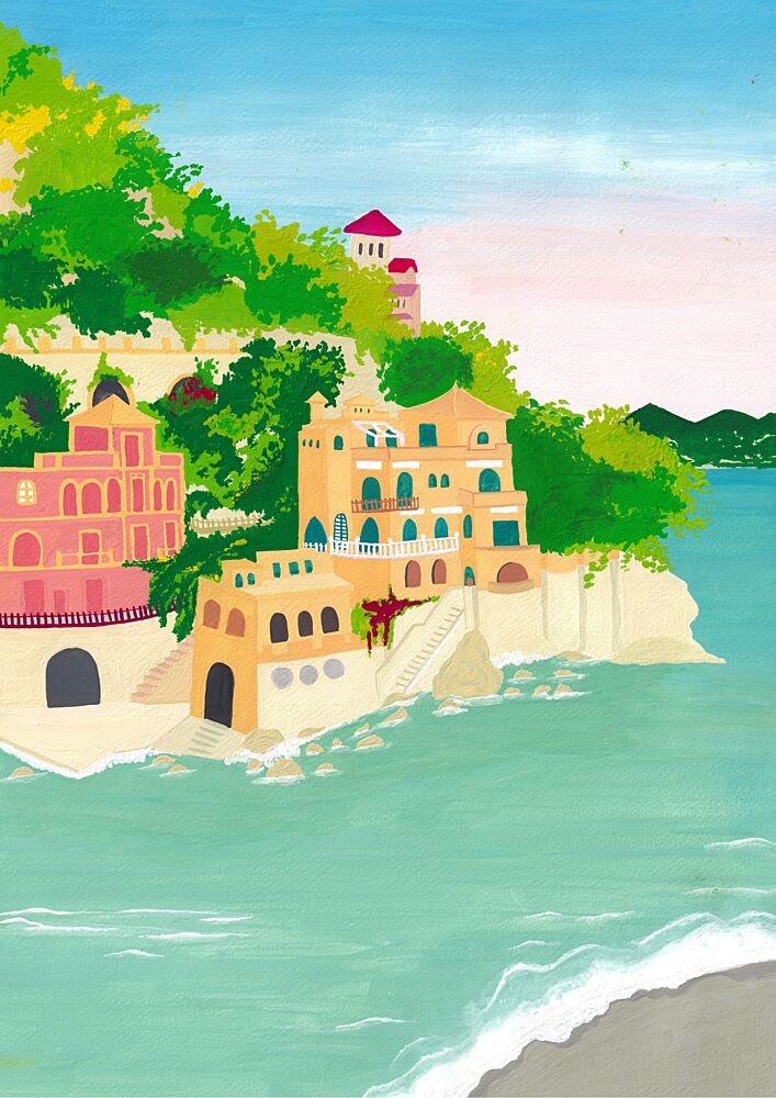Colorful Mediterranean Coast art print by Zarish Chaudhry for $57.95 CAD