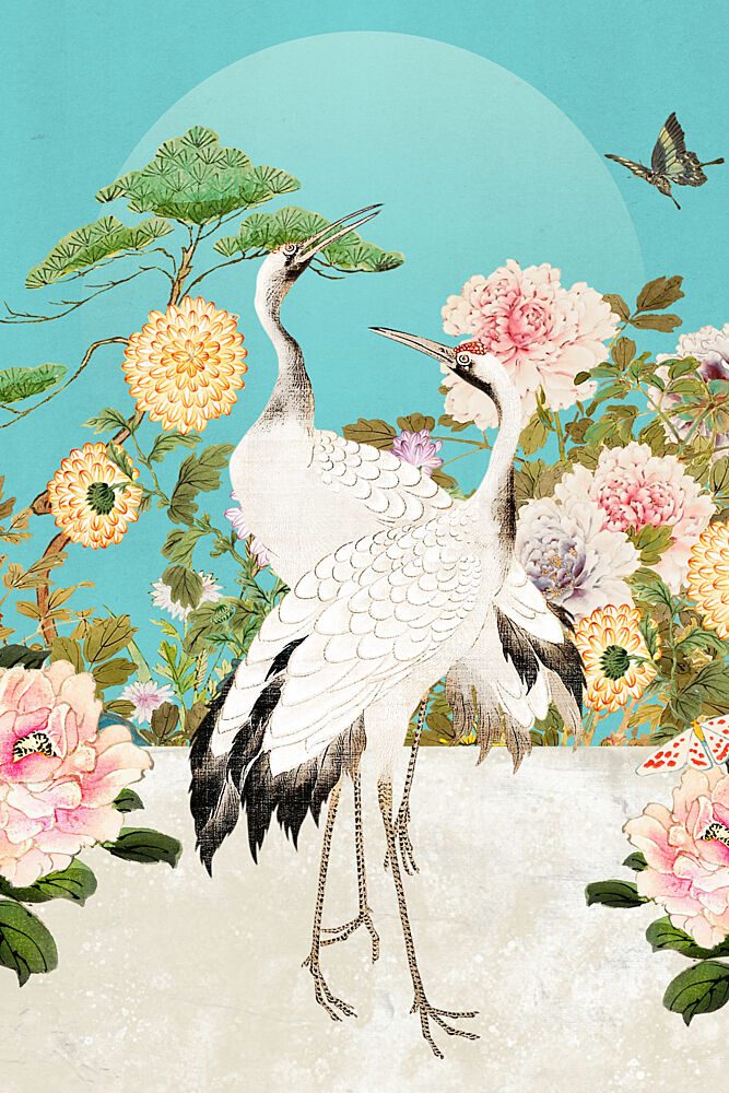 Elegant Cranes and Peonies art print by Marja van den Hurk for $57.95 CAD