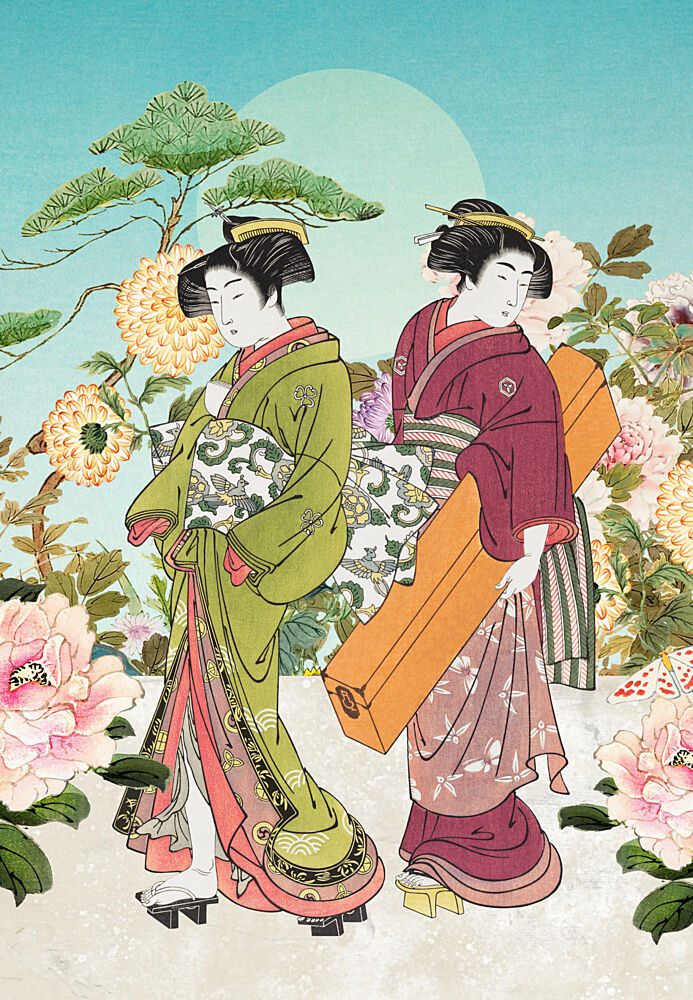 Japanese Geisha Flower Garden art print by Marja van den Hurk for $57.95 CAD