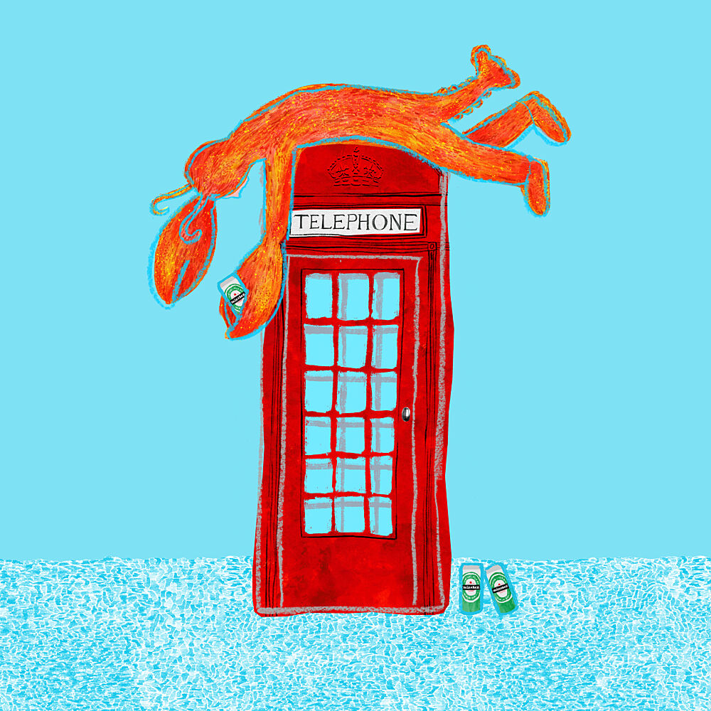 Funny Lobster Phone Booth art print by Martina Scott for $57.95 CAD