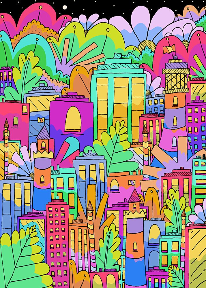Playful Cityscape Night art print by Stephen Wade for $57.95 CAD