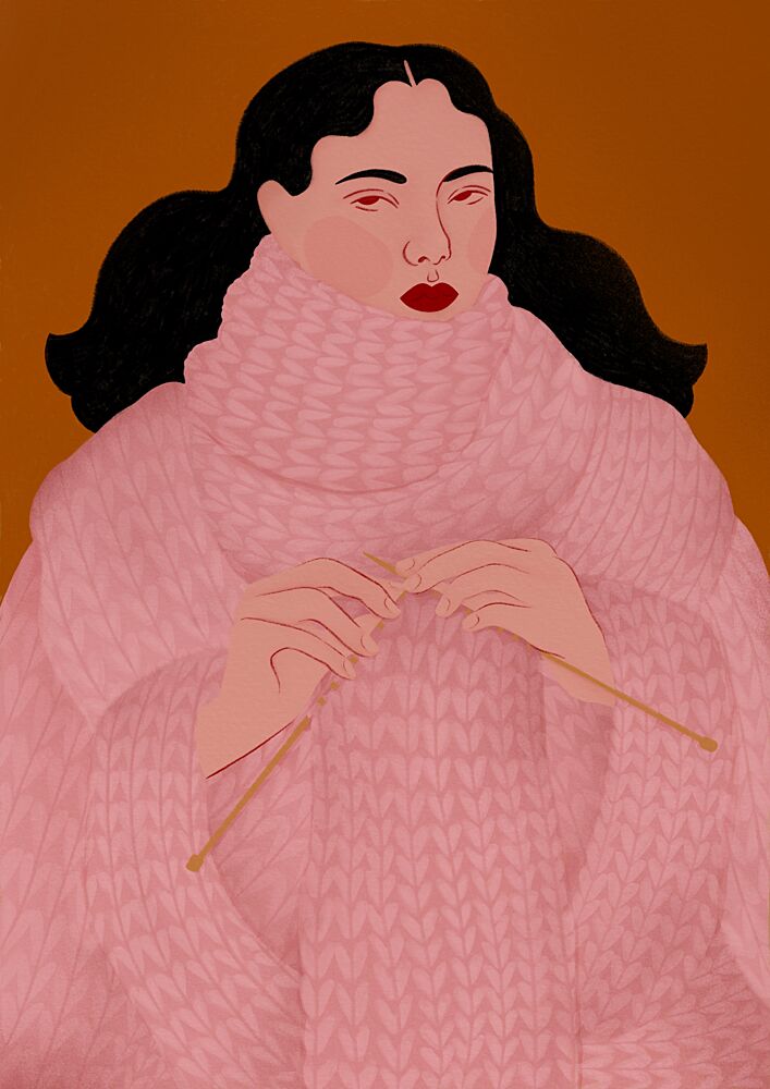 Cozy Pink Sweater Knitter art print by Ida Alvarsson for $57.95 CAD