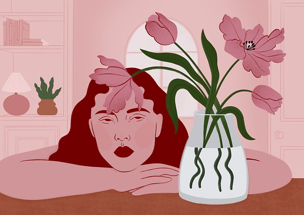Pensive Woman and Tulips art print by Ida Alvarsson for $57.95 CAD