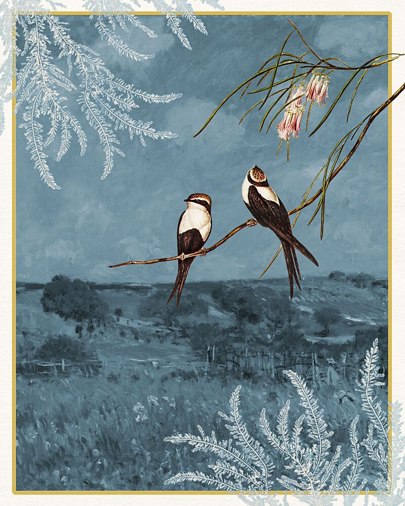 Swallows in Blue Landscape art print by Wild Violets for $57.95 CAD