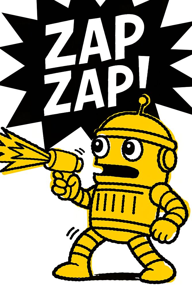 Yellow Robot Zap Action art print by Erm for $57.95 CAD