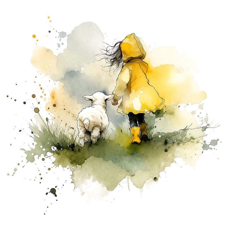 Child in Yellow Raincoat Walking with Lamb art print by Natalie Bruns for $57.95 CAD