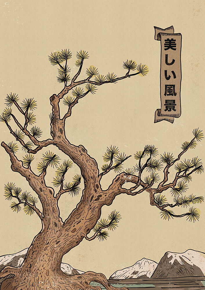Serene Japanese Pine Landscape art print by Nicholas for $57.95 CAD