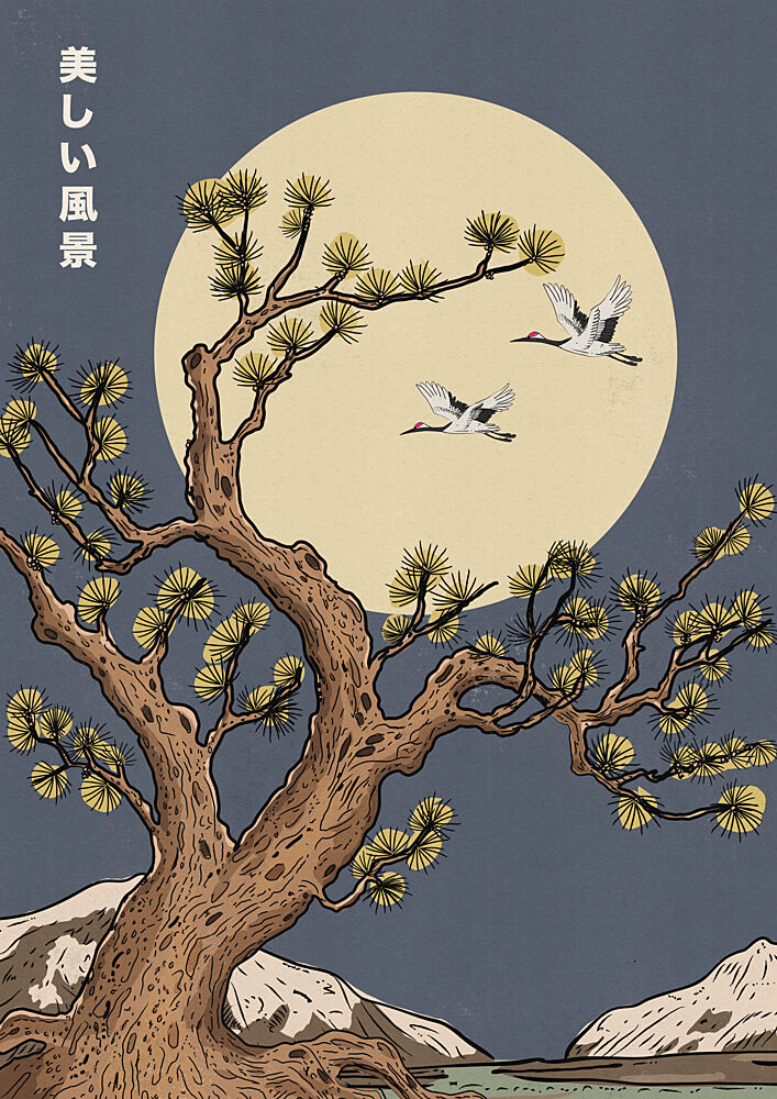 Pine Moon Cranes art print by Nicholas for $57.95 CAD