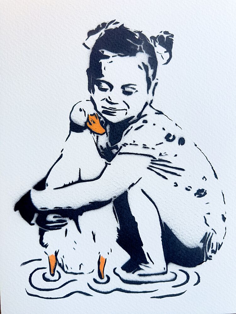 Smiling Girl Hugging Duck art print by Suzan Habib for $57.95 CAD