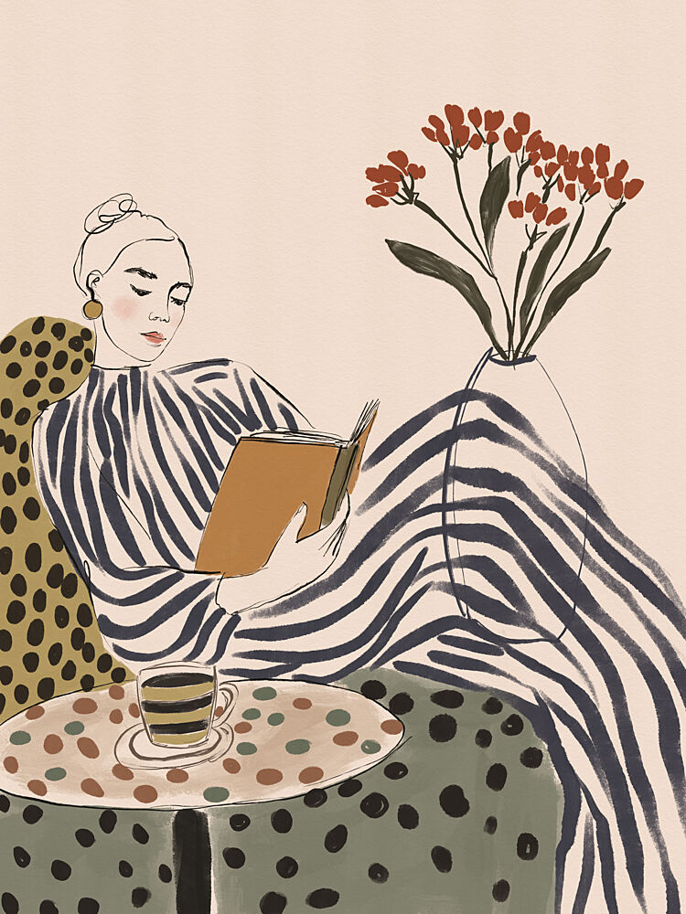 Chic Woman Reading art print by Dotz and Cats for $57.95 CAD