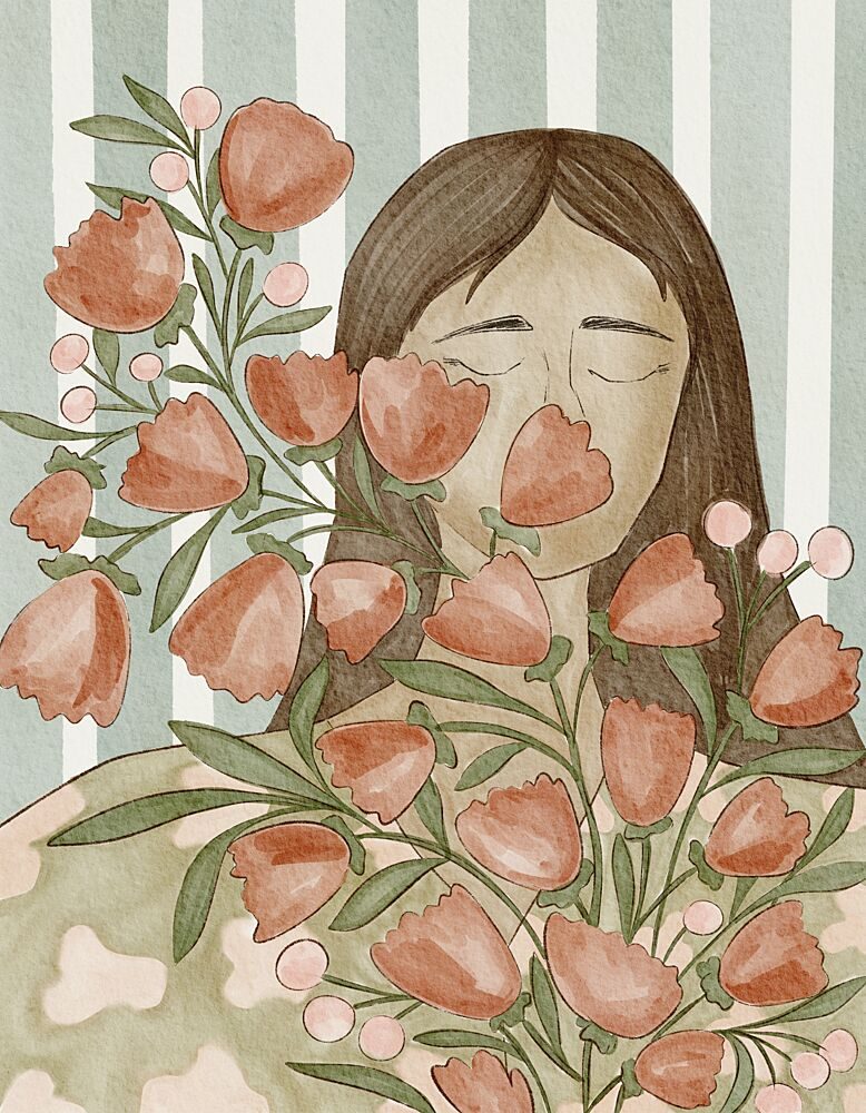 Serene Woman with Flowers art print by Nikita Jariwala for $57.95 CAD