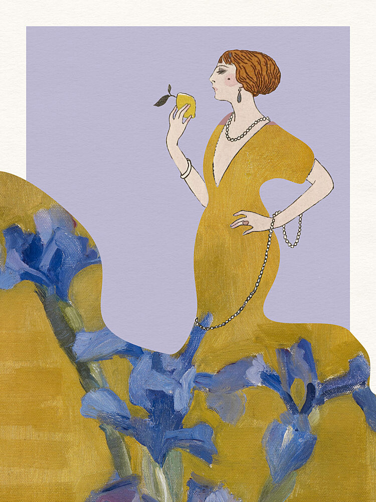 Golden Flapper Amidst Irises art print by Wild Violets for $57.95 CAD