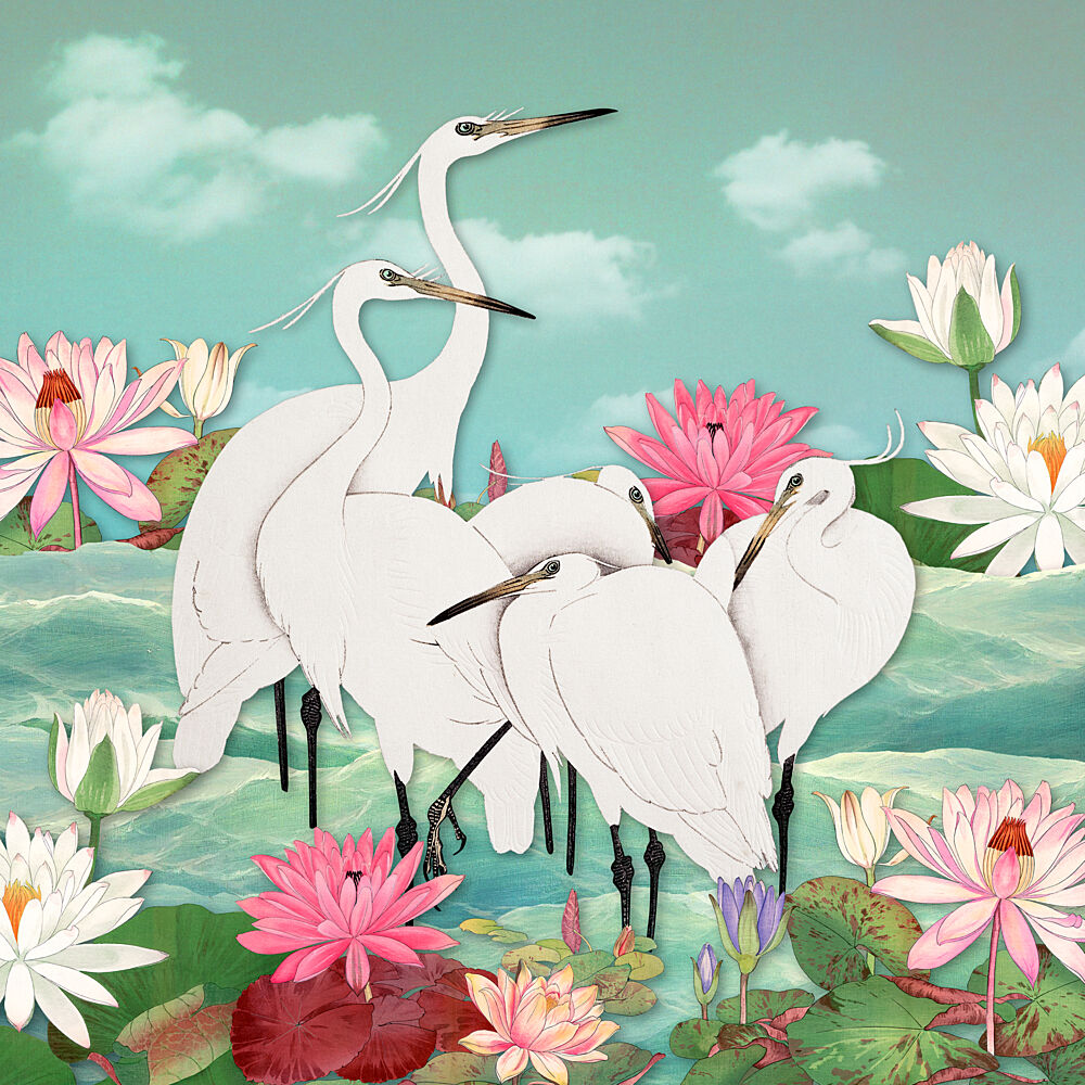 White Egrets Lotus Pond art print by Marja van den Hurk for $57.95 CAD