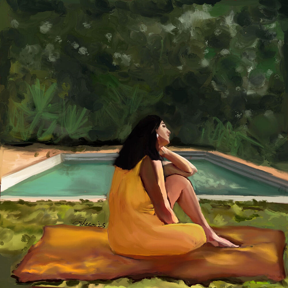 Woman Relaxing Poolside art print by Osheensgallery for $57.95 CAD