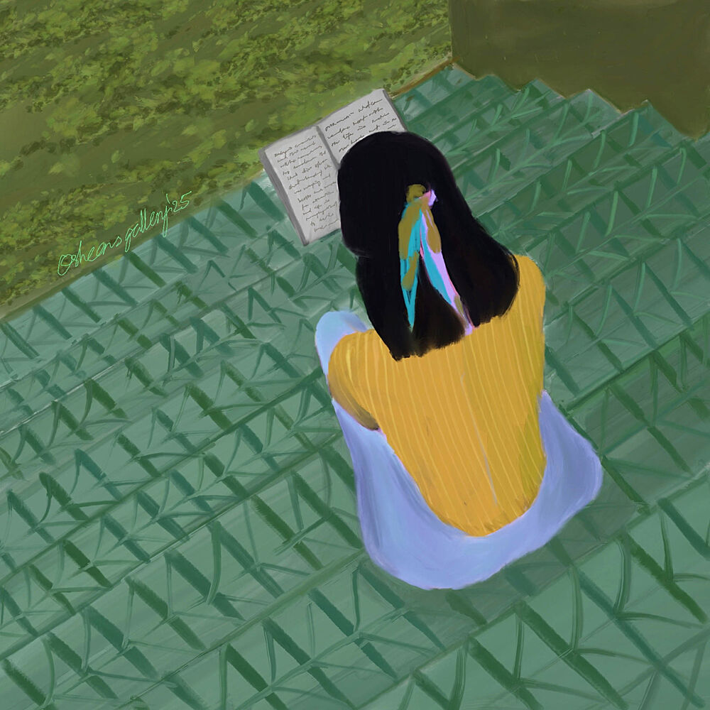 Girl Reading on Stairs art print by Osheensgallery for $57.95 CAD