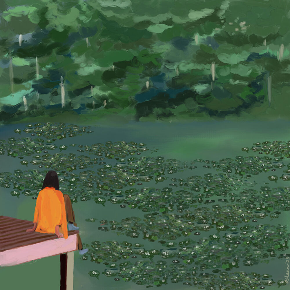 Girl Watching Lily Pad Lake art print by Osheensgallery for $57.95 CAD