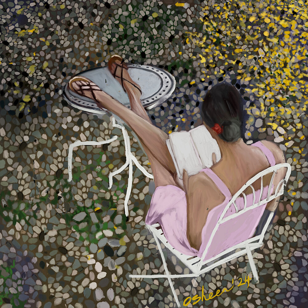 Peaceful Garden Reading art print by Osheensgallery for $57.95 CAD