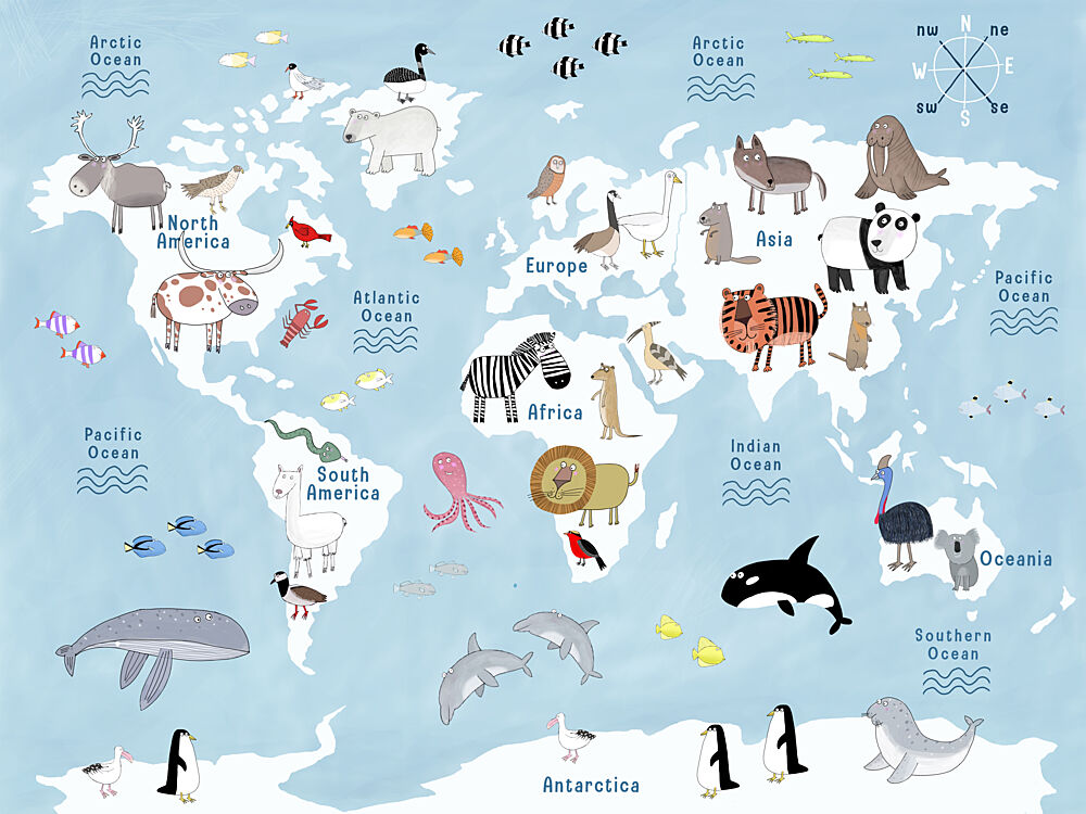 Cute Animal World Map art print by Carla Daly for $57.95 CAD