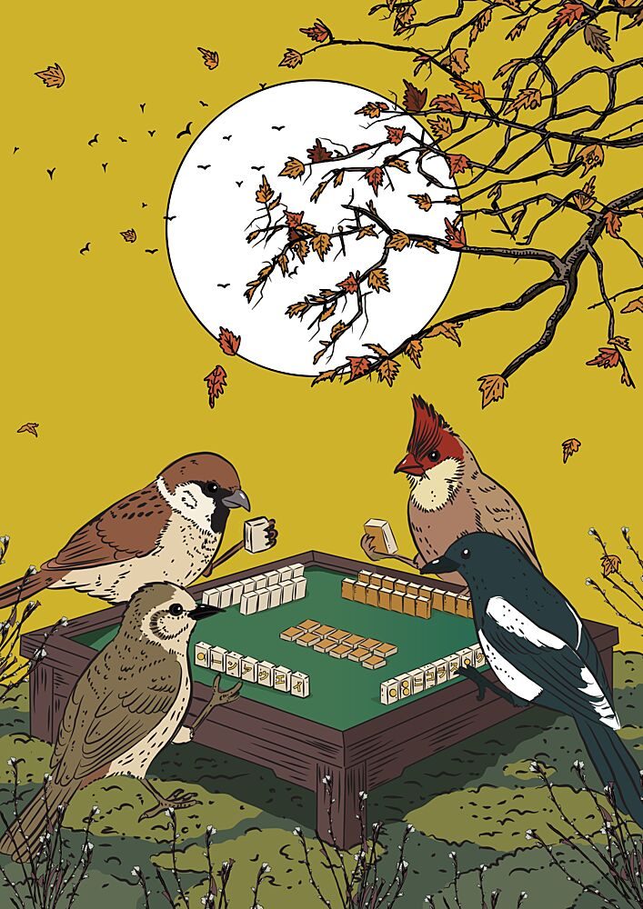 Birds Playing Mahjong art print by Nicholas for $57.95 CAD