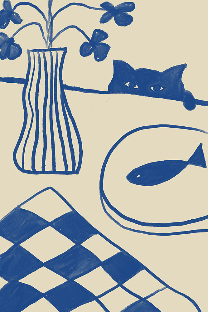 Blue Cat and Fish art print by The Art Concept for $57.95 CAD