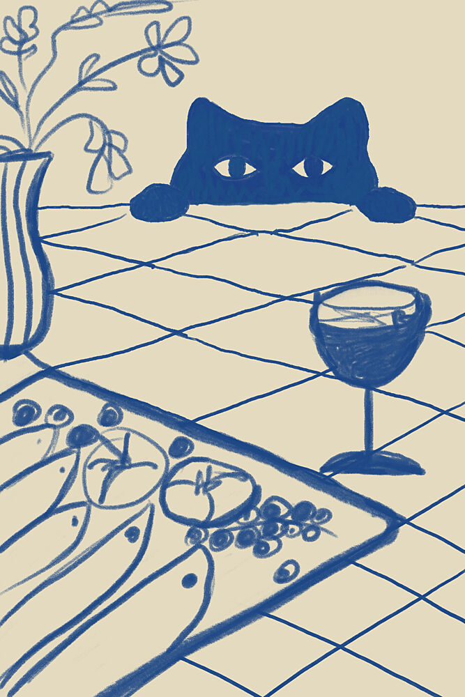 Curious Blue Cat Dinner art print by The Art Concept for $57.95 CAD