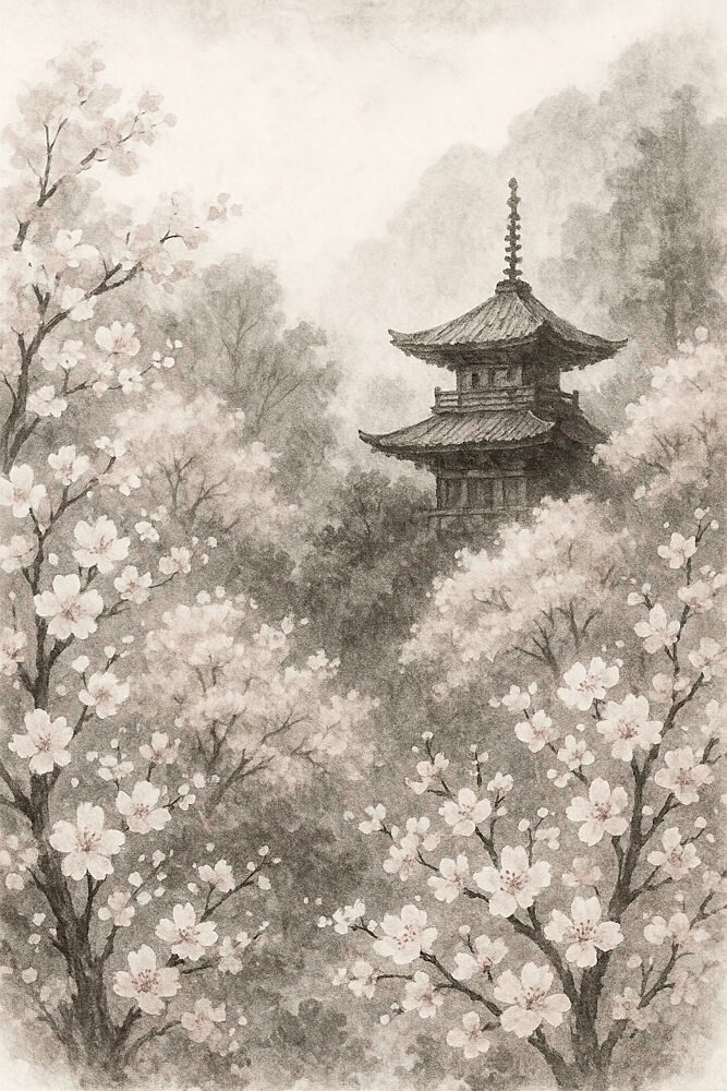 Japanese Pagoda Cherry Blossoms art print by Natalie Bruns for $57.95 CAD