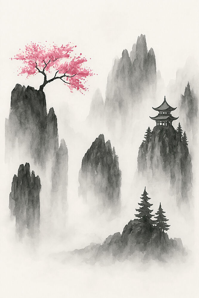 Japanese Mountain Landscape with Sakura Tree and Temple art print by Natalie Bruns for $57.95 CAD