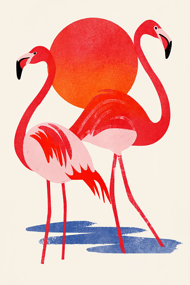Tropical Flamingos Sunset art print by Treechild for $57.95 CAD