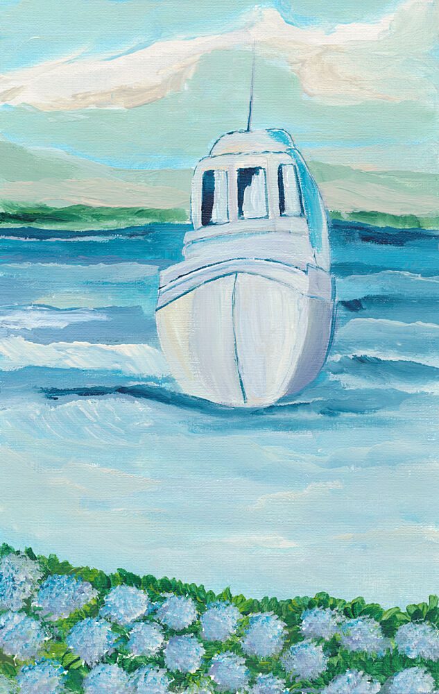 White Boat Blue Hydrangeas art print by Nikita Jariwala for $57.95 CAD