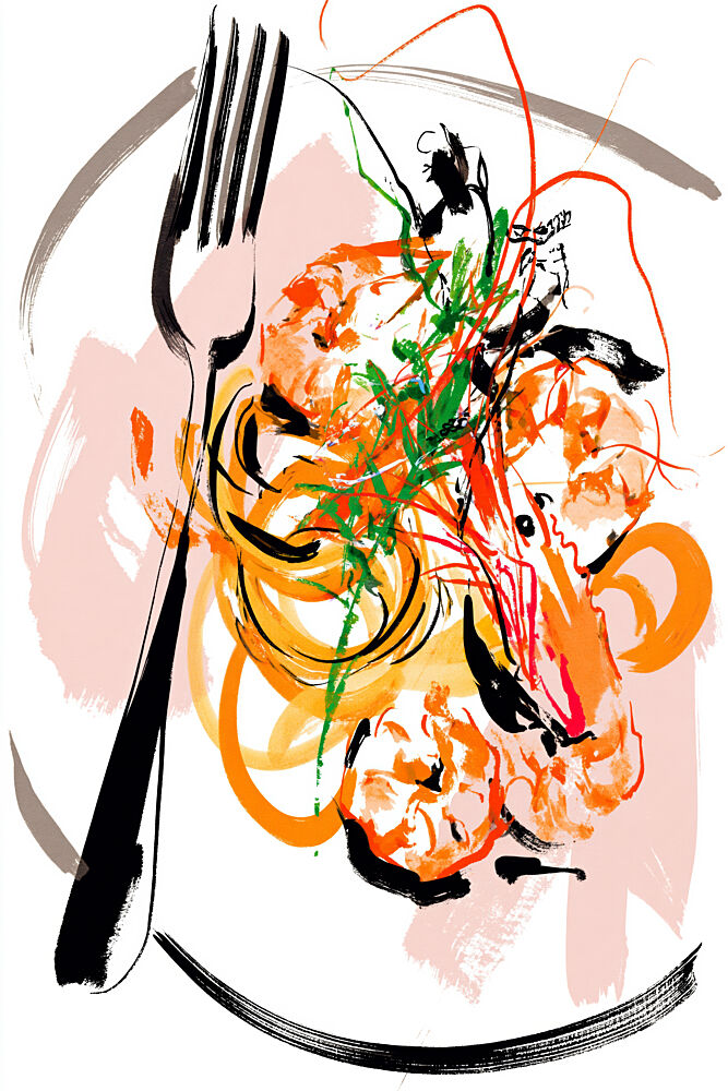 Vibrant Shrimp Pasta art print by Treechild for $57.95 CAD