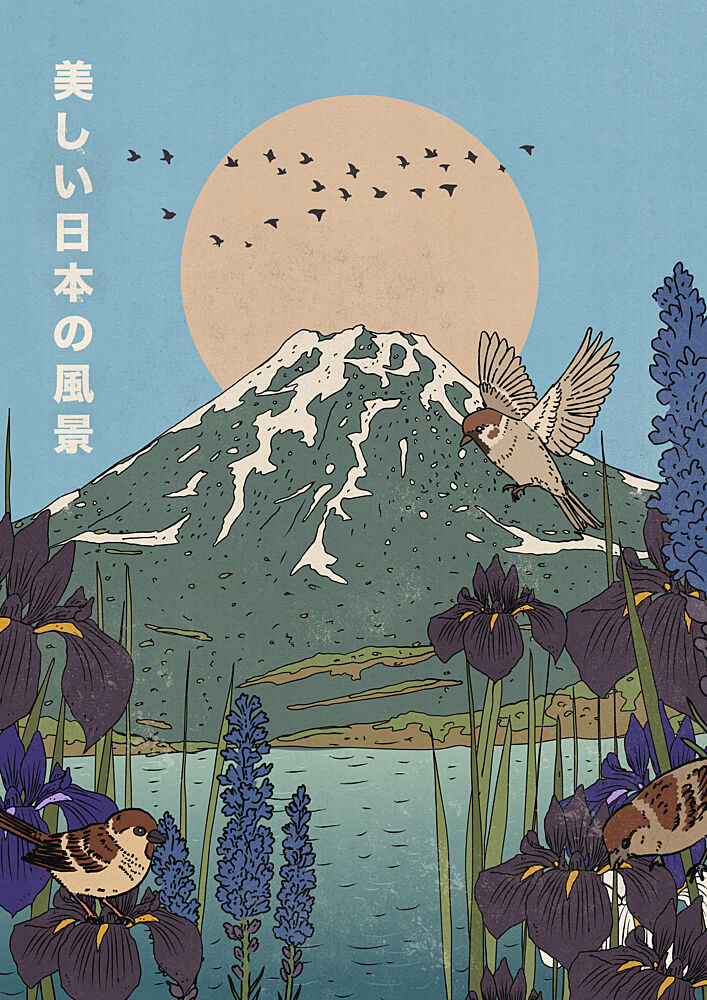 Mount Fuji Sparrows Irises art print by Nicholas for $57.95 CAD