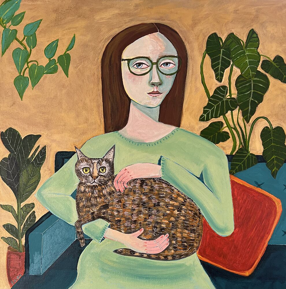 Cozy Woman with Cat art print by Sharyn Bursic for $57.95 CAD