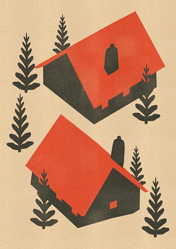 Cozy Winter Red Houses art print by Nicholas for $57.95 CAD