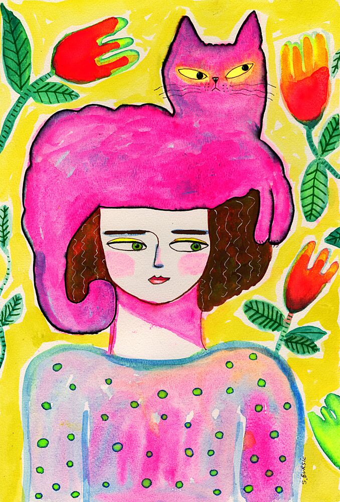 Girl with Pink Cat art print by Sharyn Bursic for $57.95 CAD