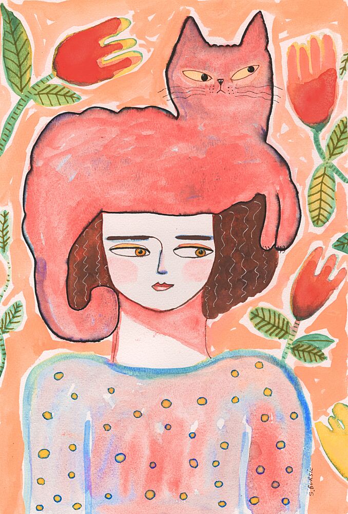 Woman with Cat art print by Sharyn Bursic for $57.95 CAD