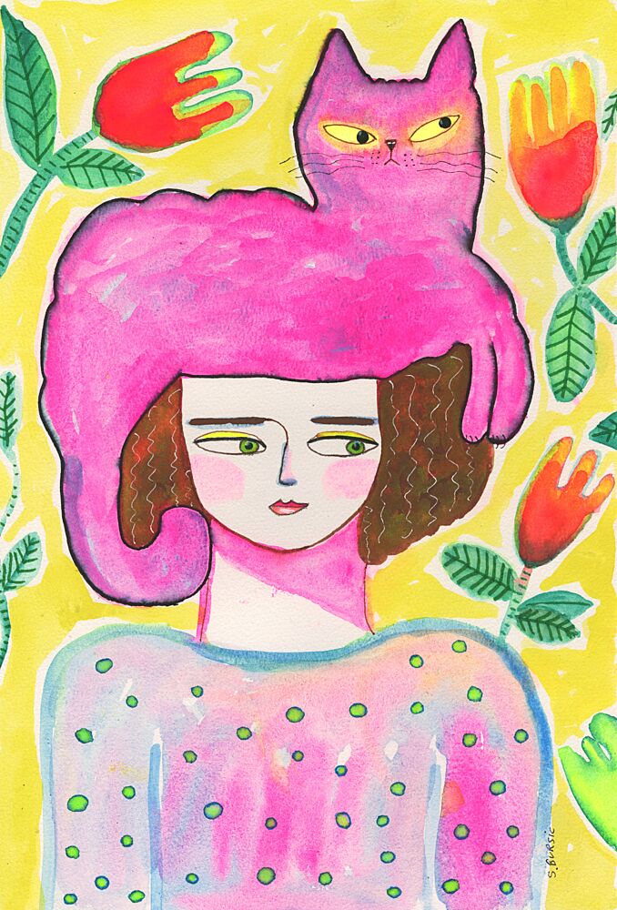 Whimsical Girl Pink Cat art print by Sharyn Bursic for $57.95 CAD