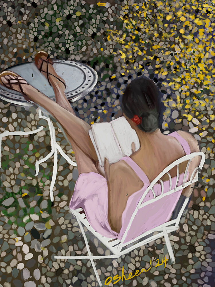 Peaceful Patio Reading art print by Osheensgallery for $57.95 CAD