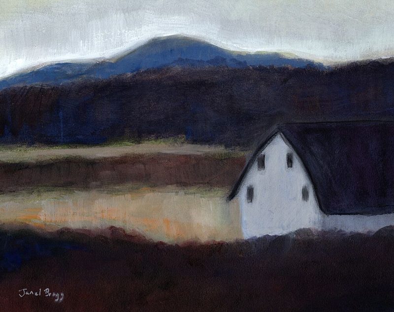 White Barn Mountain Landscape art print by Janel Bragg for $57.95 CAD