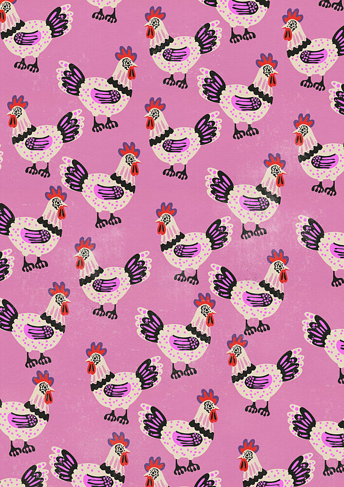 Whimsical Pink Chicken Pattern art print by Nicholas for $57.95 CAD