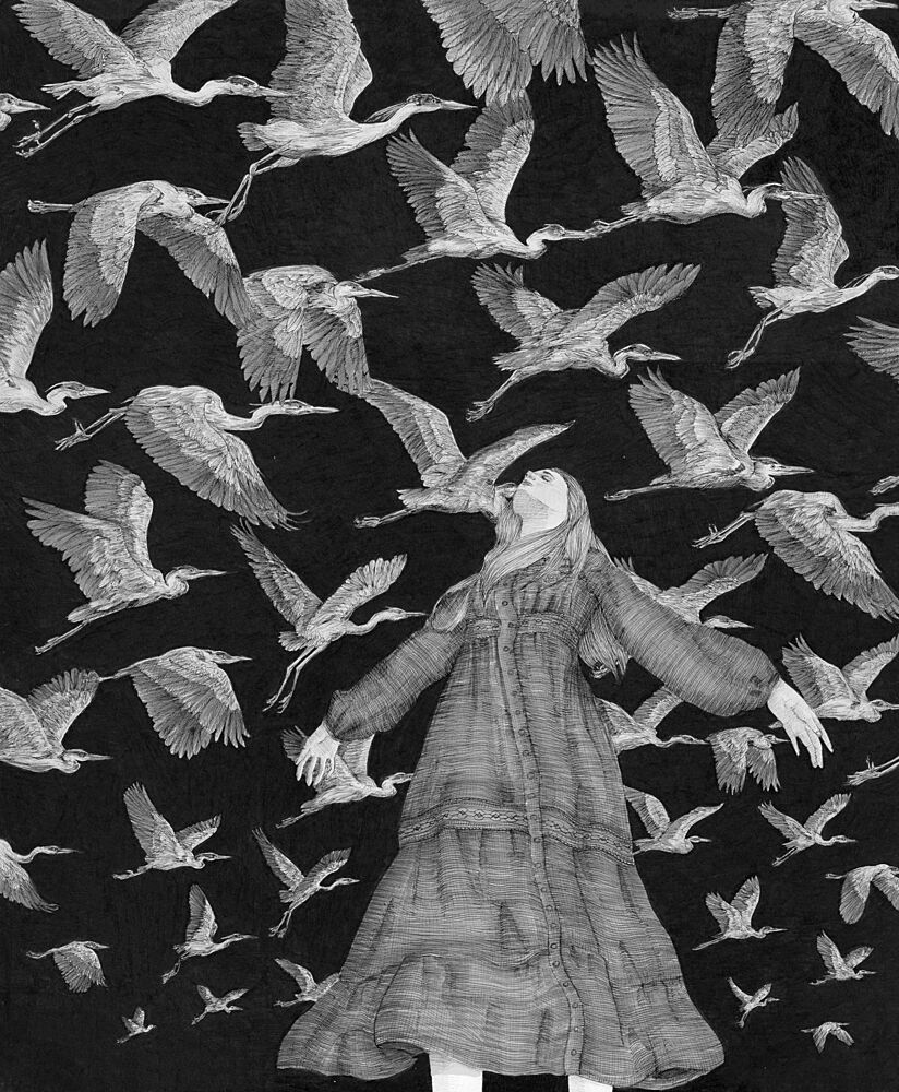 Ethereal Woman Flying Herons art print by E.C. Mazur for $57.95 CAD
