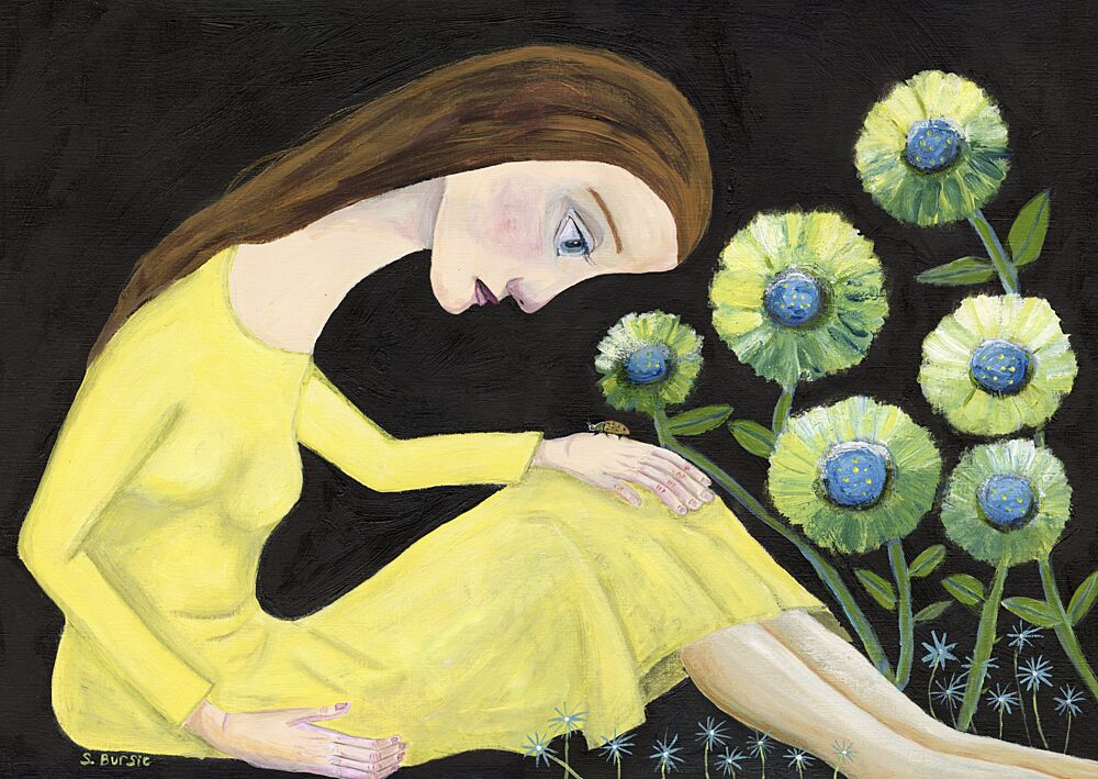 Lady with Lady Bug in Yellow Dress with Flowers art print by Sharyn Bursic for $57.95 CAD