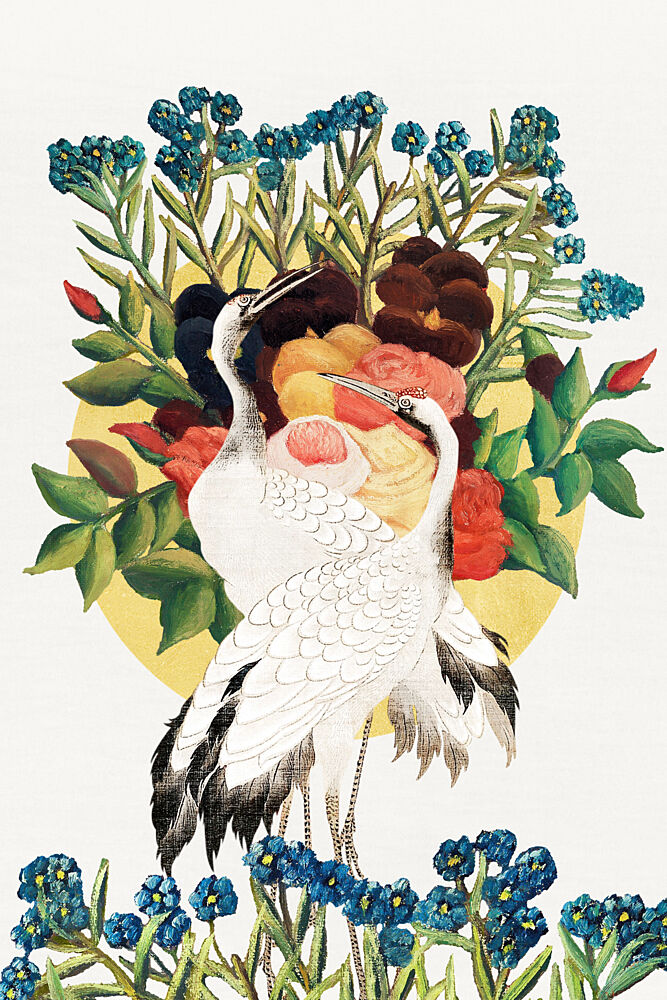 Elegant Cranes Floral Embrace art print by Marja van den Hurk for $57.95 CAD