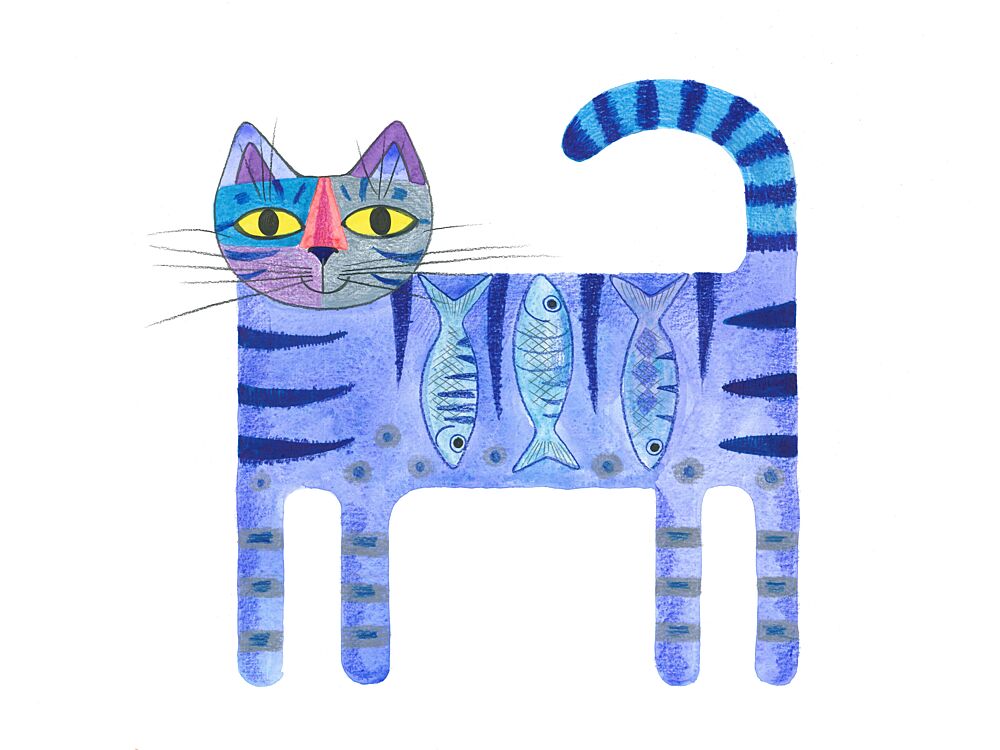 Playful Blue Striped Cat art print by Isabelle Brent for $57.95 CAD