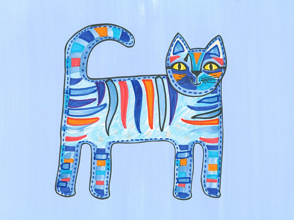 Vibrant Striped Blue Cat art print by Isabelle Brent for $57.95 CAD