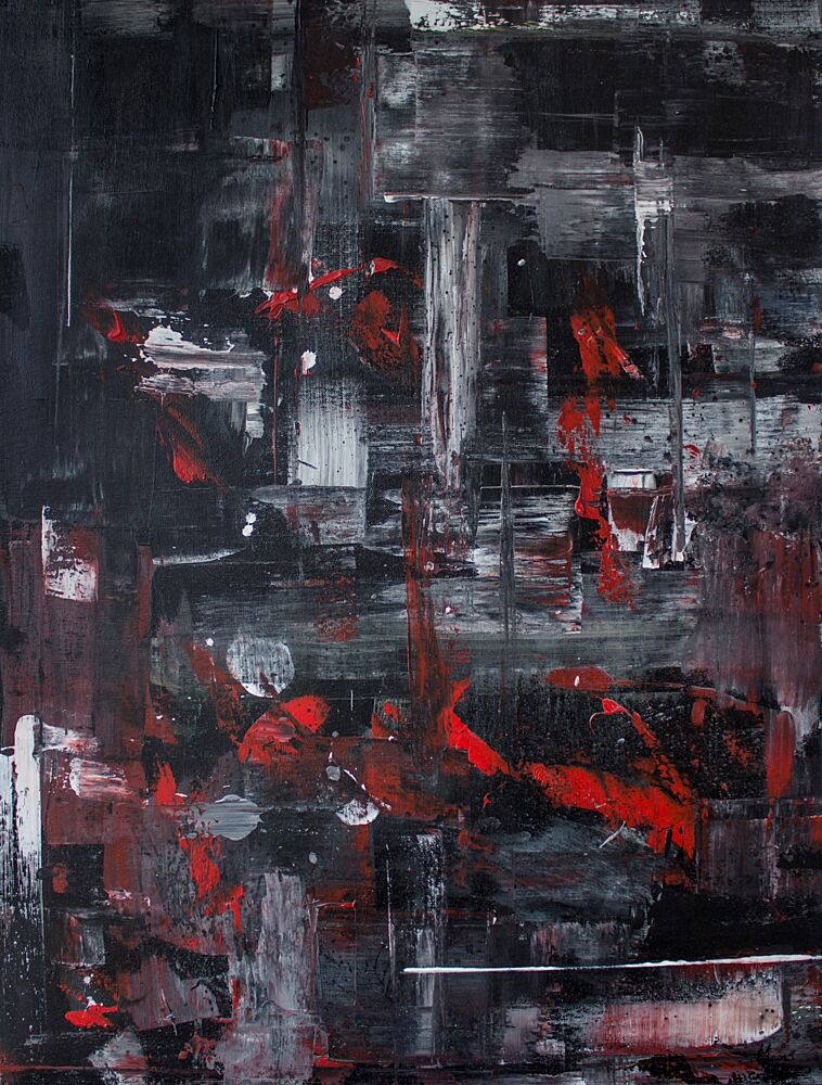 Dynamic Red Cityscape Abstract art print by Marloes Aerts for $57.95 CAD