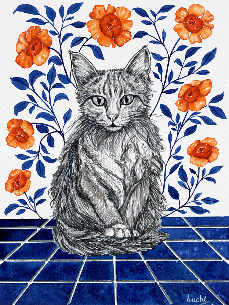 Whimsical Cat Blue Tiles art print by Suchi Deb for $57.95 CAD