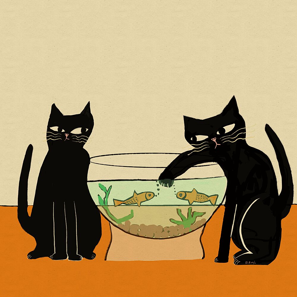 Mischievous Cat and Fish art print by Sharyn Bursic for $57.95 CAD