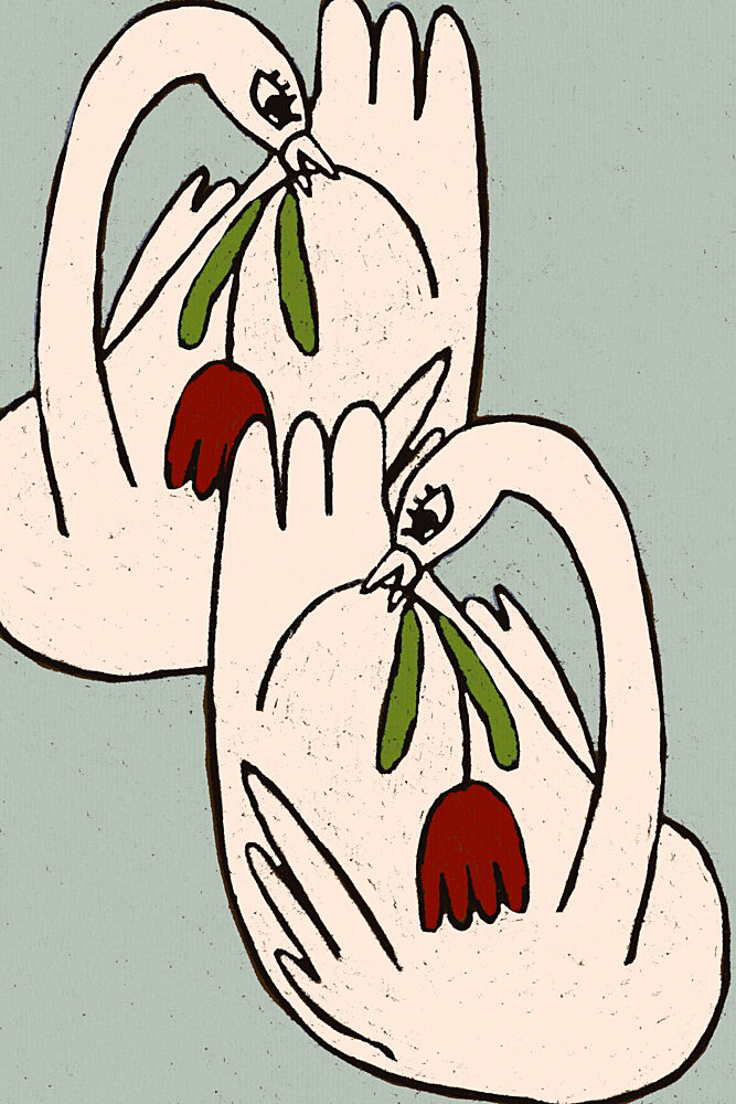 Loving Swans with Flowers art print by Treechild for $57.95 CAD