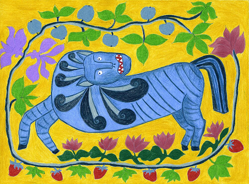 Whimsical Blue Folk Horse art print by Viktoriia Saunina for $57.95 CAD
